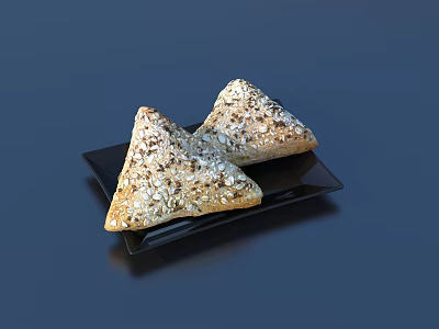Two Triangular Oat Topped Pastries With Golden Crust On Black Plate 3d model