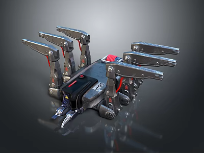 Complex Mechanical Device With Multiple Metal Arms And Red Black Components 3d model