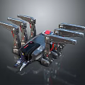 Complex Mechanical Device With Multiple Metal Arms And Red Black Components 3d model