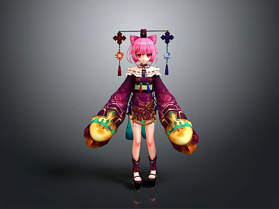 Woman with Pink Hair in Traditional Purple Gold Outfit Holding Yellow Objects and Decorative Headpiece 3d model