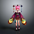 Woman with Pink Hair in Traditional Purple Gold Outfit Holding Yellow Objects and Decorative Headpiece