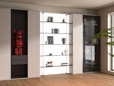 Modern Display Cabinet with Glass Shelves Red Toy Figure Books and Decorative Items 3d model