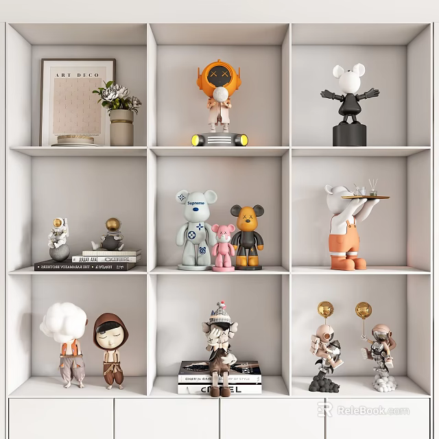 Decorative Dolls Displayed On White Shelves With Various Designs Small Ornaments And Books 3d model 