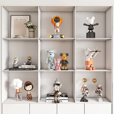 Decorative Dolls Displayed On White Shelves With Various Designs Small Ornaments And Books 3d model