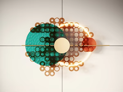 Modern Geometric Wall Decor With Green Orange Circular Dots And Gold Rings Design 3d model