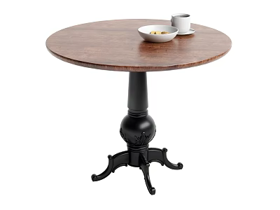 Round Wooden Dining Table With Black Carved Base White Bowl And Cups On Top 3d model