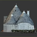 Detailed Traditional Stone Building Model With Multiple Conical Roofs And Greenery