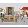 Supermarket Interior With Fresh Fruit Vegetable Displays Shelves Checkout Counter Bright Lighting And Shopping Cart
