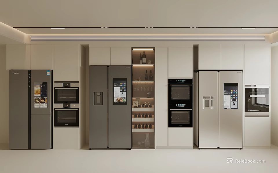 Modern Kitchen Interior With Multiple Built In Refrigerators Freezers And Cabinets 3d model