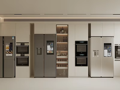 Modern Kitchen Interior With Multiple Built In Refrigerators Freezers And Cabinets 3d model