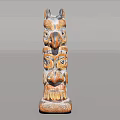 Traditional Wooden Totem Pole Sculpture With Animal Head And Layered Carved Patterns