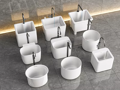 Stylish White Washbasins In Various Shapes With Modern Faucets On Tiled Floor 3d model
