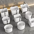 Stylish White Washbasins In Various Shapes With Modern Faucets On Tiled Floor