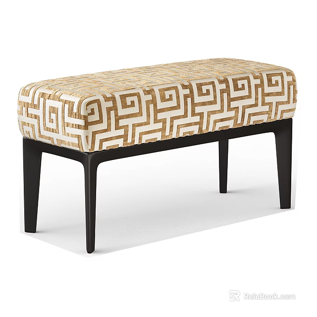 Modern Upholstered Sofa Bench With Greek Key Pattern Beige White Upholstery And Black Tapered Legs 3d model 