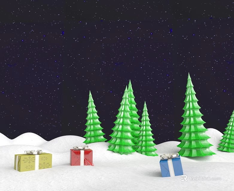 Swing Door In Christmas Scene With Green Trees Gift Boxes And Snowy Ground 3d model 