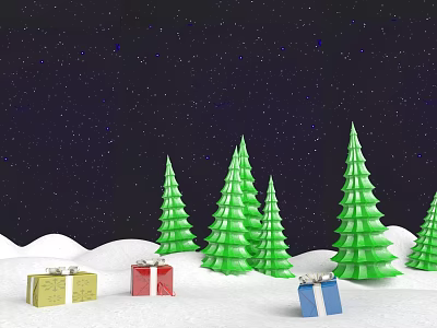 Swing Door In Christmas Scene With Green Trees Gift Boxes And Snowy Ground 3d model