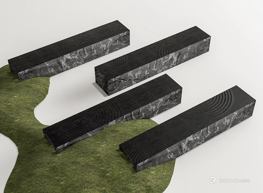 Black Long Strip Landscape Seats With Textured Surface On Green Grass And White Background 3d model 
