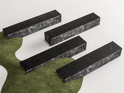 Black Long Strip Landscape Seats With Textured Surface On Green Grass And White Background 3d model