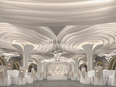 Elegant Banquet Hall With Curved White Ceiling Chandeliers And White Seats 3d model
