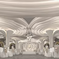 Elegant Banquet Hall With Curved White Ceiling Chandeliers And White Seats