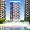 Tall Modern Buildings With Green Lawn And People Activities Under Blue Sky