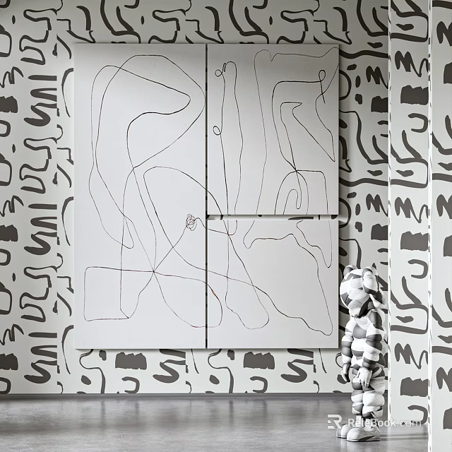 Abstract Line Art on Panel with Patterned Wall and Stuffed Toy Decor 3d model 