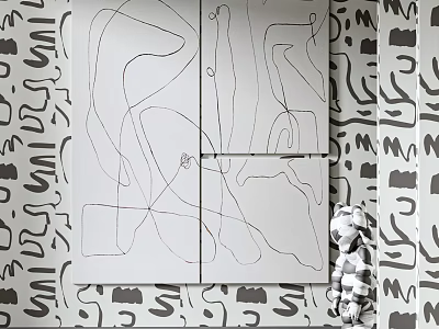 Abstract Line Art on Panel with Patterned Wall and Stuffed Toy Decor 3d model