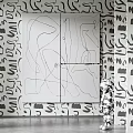 Abstract Line Art on Panel with Patterned Wall and Stuffed Toy Decor