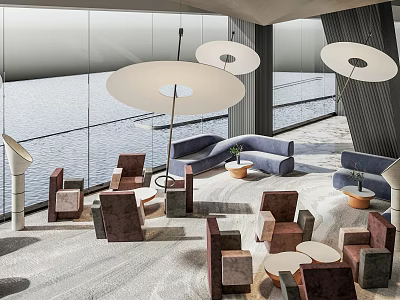 Modern Lounge Area Interior Design With Comfortable Sofas Round Coffee Tables And Pendant Lights 3d model