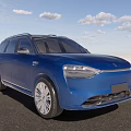 Modern Blue SUV With Sleek Design Front Headlights And Silver Wheels Parked By Tree