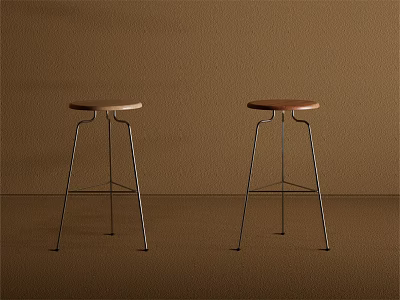 Two Modern Bar Stools With Brown And Beige Seats And Metal Legs Against Brown Wall 3d model