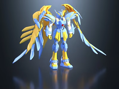 Blue And Yellow Mechanical Robot Character With Large Wings For Game And Movie 3d model