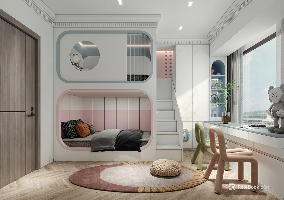 Modern Kids Room Interior Design With Bunk Bed Desk Chair And Colorful Rug 3d model 