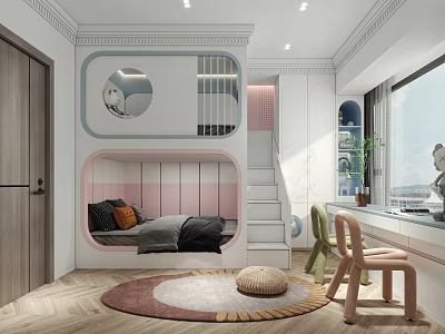 Modern Kids Room Interior Design With Bunk Bed Desk Chair And Colorful Rug 3d model