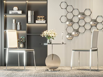Modern Leisure Chairs With Metal Frame Side Table And Decorative Wall Accents In Stylish Interior 3d model