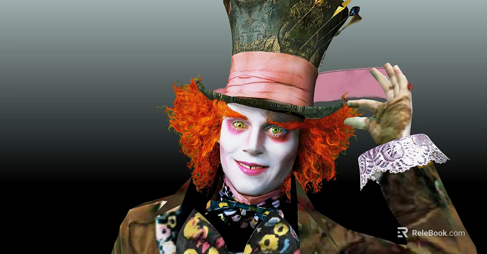 Mad Hatter Movie Character With Orange Hair Tall Hat White Makeup And Green Eyes 3d model 