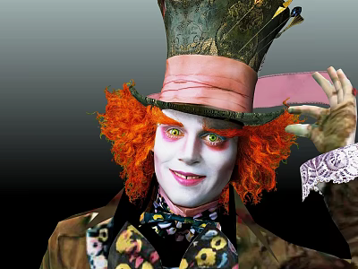 Mad Hatter Movie Character With Orange Hair Tall Hat White Makeup And Green Eyes 3d model