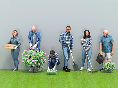 People Doing Gardening Activities on Green Lawn With Boxes Shovels Rakes Watering and Plants 3d model