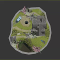 Cartoon Scene with Small House Trees Pink Flowers Blue Car and Green Grass Path