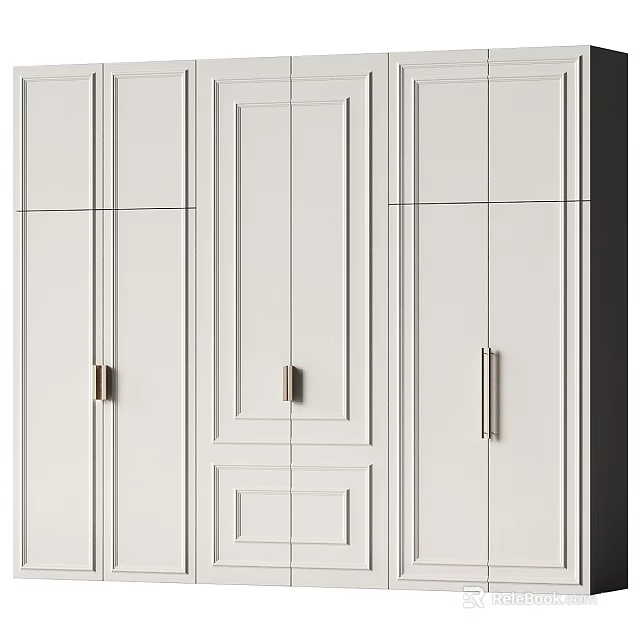 Modern White Wardrobe Design Featuring Minimalist Panel Doors And Sleek Metal Handles 3d model 