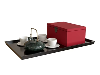 Traditional Tea Set with Green Teapot White Cups Saucers Red Box on Black Tray 3d model