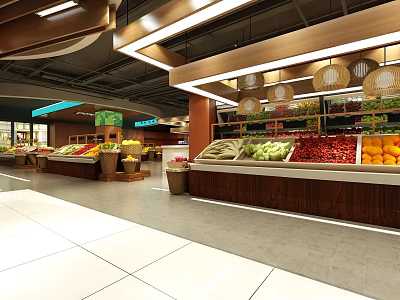Bright Modern Fruit Store Interior With Assorted Fresh Fruits On Wooden Display Shelves 3d model