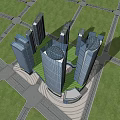 Modern High Rise Office Building With Glass Curtain Walls And Green Lawn Exterior