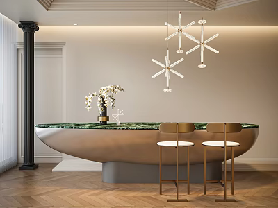 Elegant Modern Bar Counter Design With Green Marble Top Gold Stools And Pendant Lights 3d model
