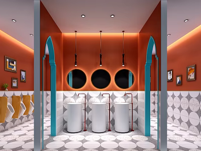 Public Restroom Interior With Orange Walls Blue Arched Doorways Three White Sinks And Round Mirrors 3d model