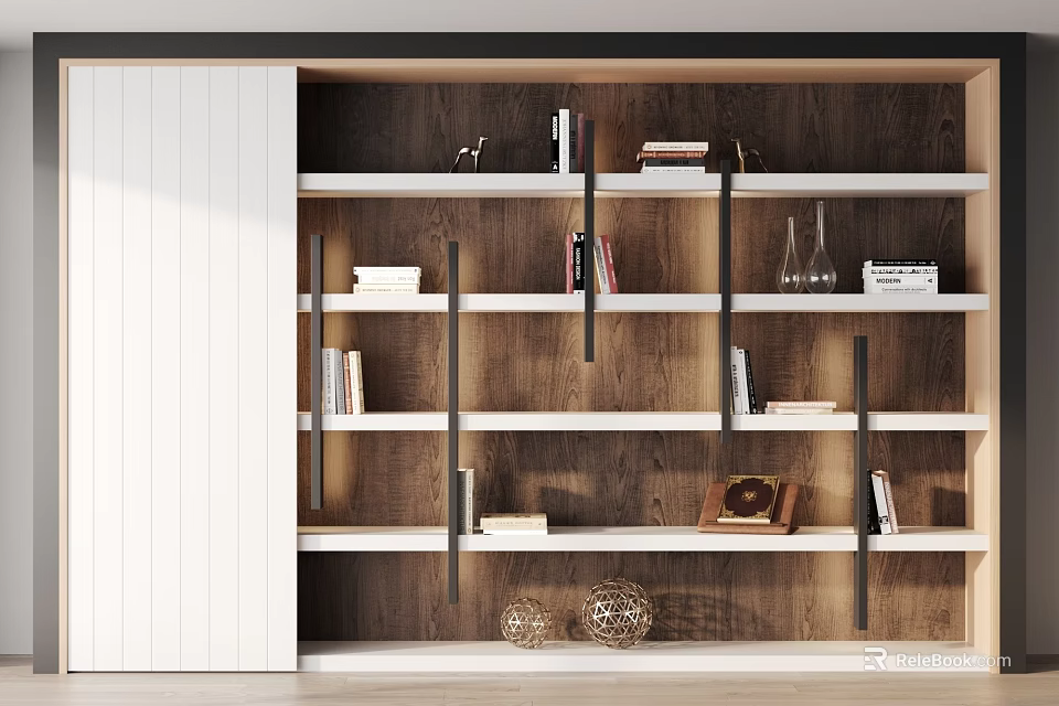 Modern Wooden Bookshelf With White Panel Shelves Featuring Books Decorative Vases Spheres And Photo Frame 3d model 