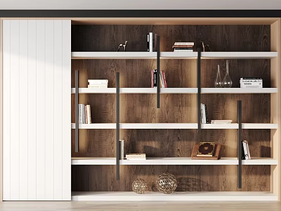Modern Wooden Bookshelf With White Panel Shelves Featuring Books Decorative Vases Spheres And Photo Frame 3d model