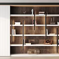 Modern Wooden Bookshelf With White Panel Shelves Featuring Books Decorative Vases Spheres And Photo Frame
