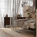 Elegant Bedroom with Four Poster Bed White Sheer Curtains Black Frame Partition and Wooden Flooring