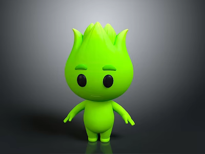 Green Game and Movie Character With Flame Shaped Head Black Eyes Cute Design 3d model